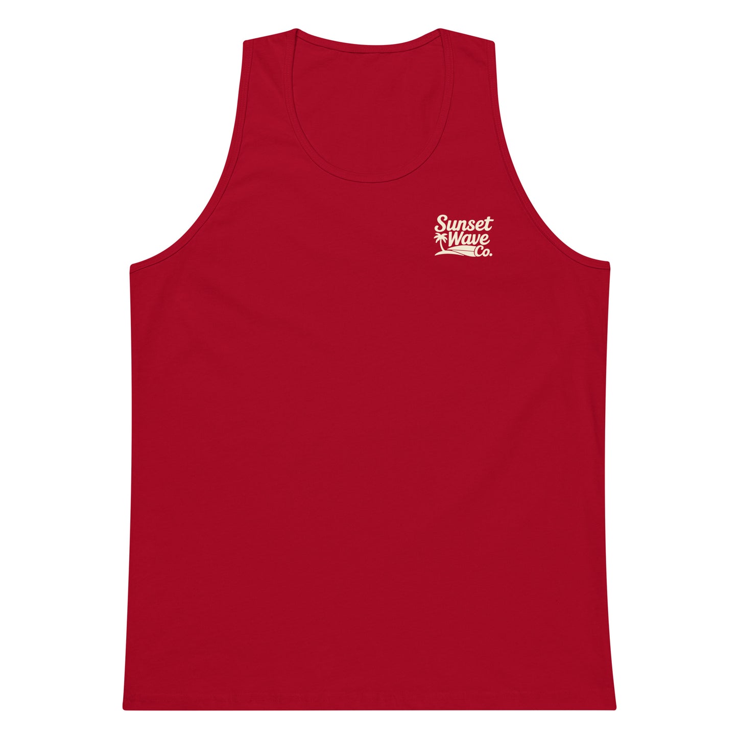 Red men's tank top with small white Sunset Wave Co. logo on chest, plain background