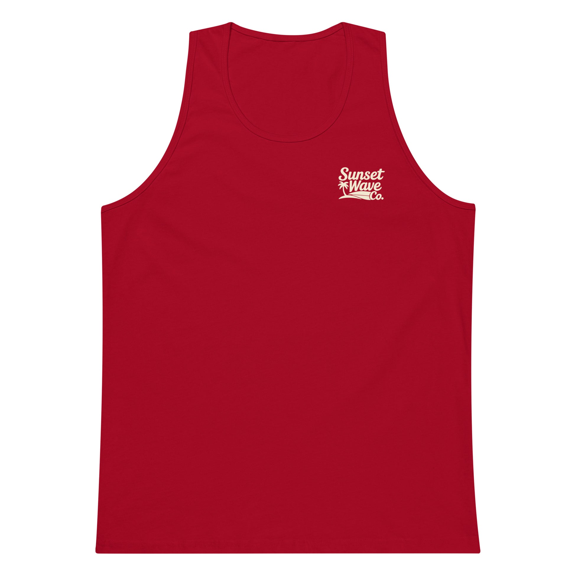 Red men's tank top with small white Sunset Wave Co. logo on chest, plain background