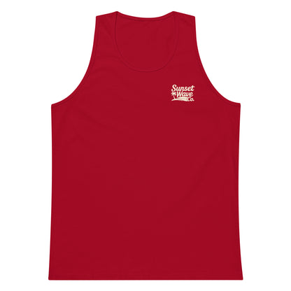 Red men's tank top with small white Sunset Wave Co. logo on chest, plain background