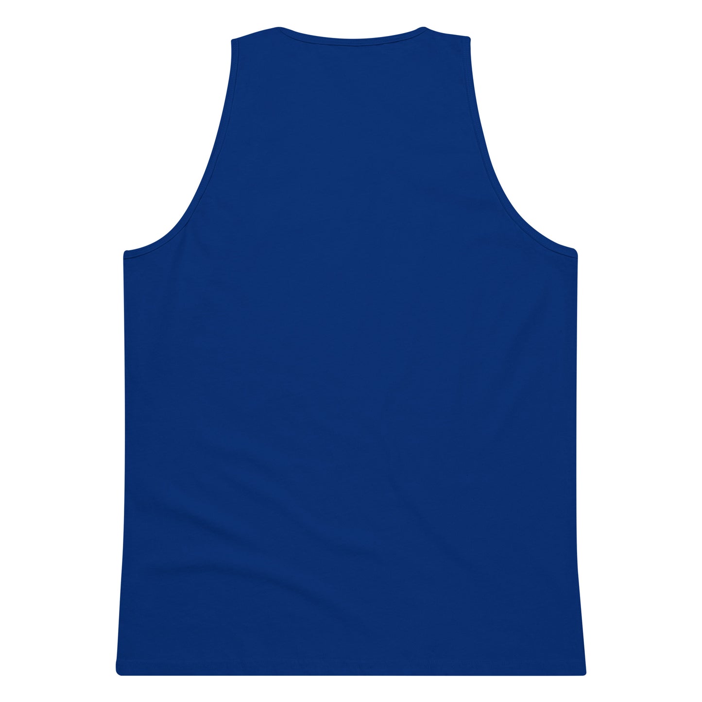 Back view of men's premium royal blue tank top on white background