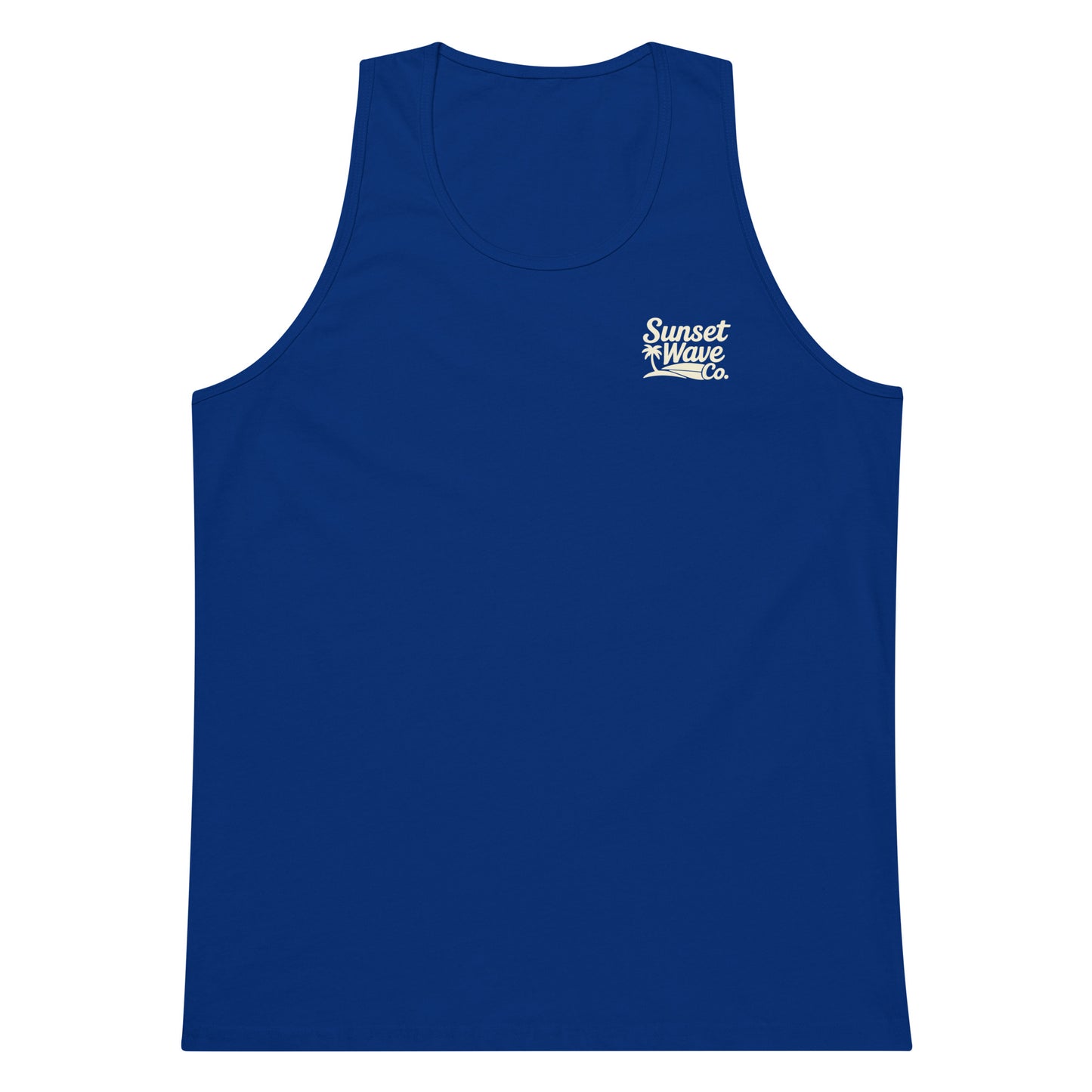 Men's premium royal blue tank top with small white Sunset Wave Co. logo on chest