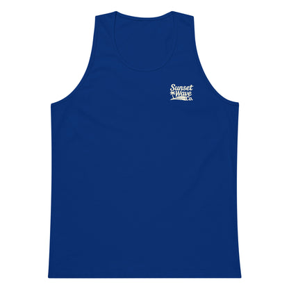Men's premium royal blue tank top with small white Sunset Wave Co. logo on chest