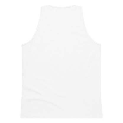 Back view of plain white men's premium tank top on white background