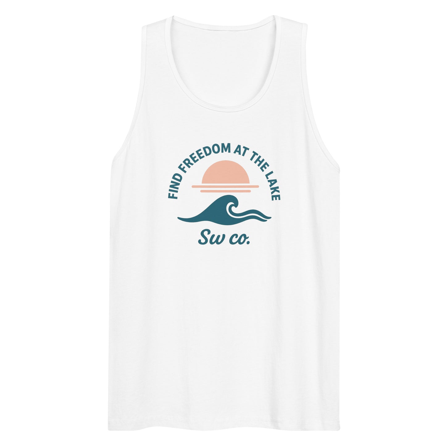 white men's premium tank top with lake wave and sunset graphic and text Find Freedom At The Lake