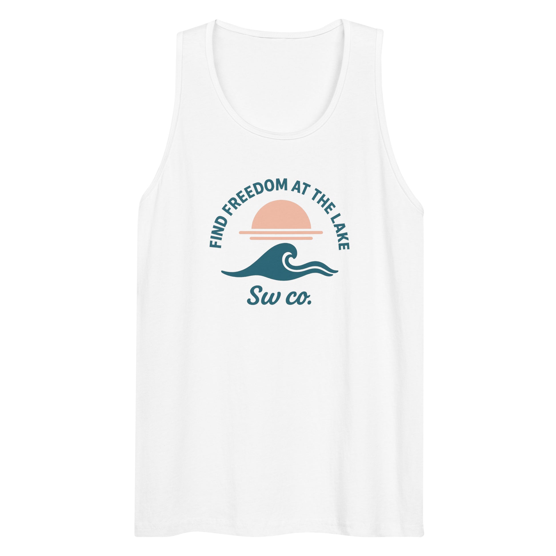 white men's premium tank top with lake wave and sunset graphic and text Find Freedom At The Lake