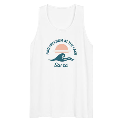 white men's premium tank top with lake wave and sunset graphic and text Find Freedom At The Lake