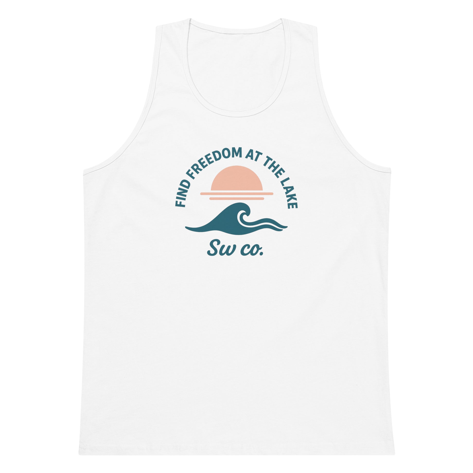White men's premium tank top with lake-themed graphic and text 'Find Freedom at the Lake'