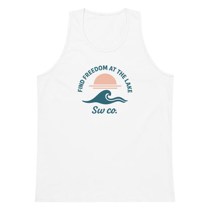 White men's premium tank top with lake-themed graphic and text 'Find Freedom at the Lake'