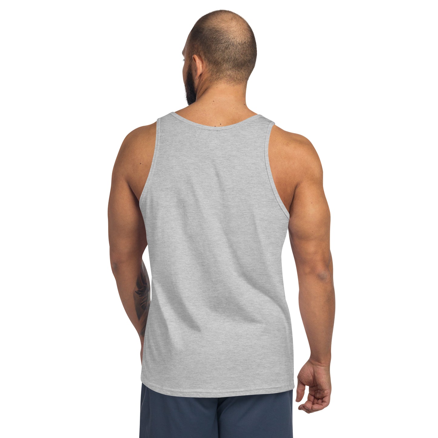 Athletic man wearing gray men's staple tank top, shown from the back on white background