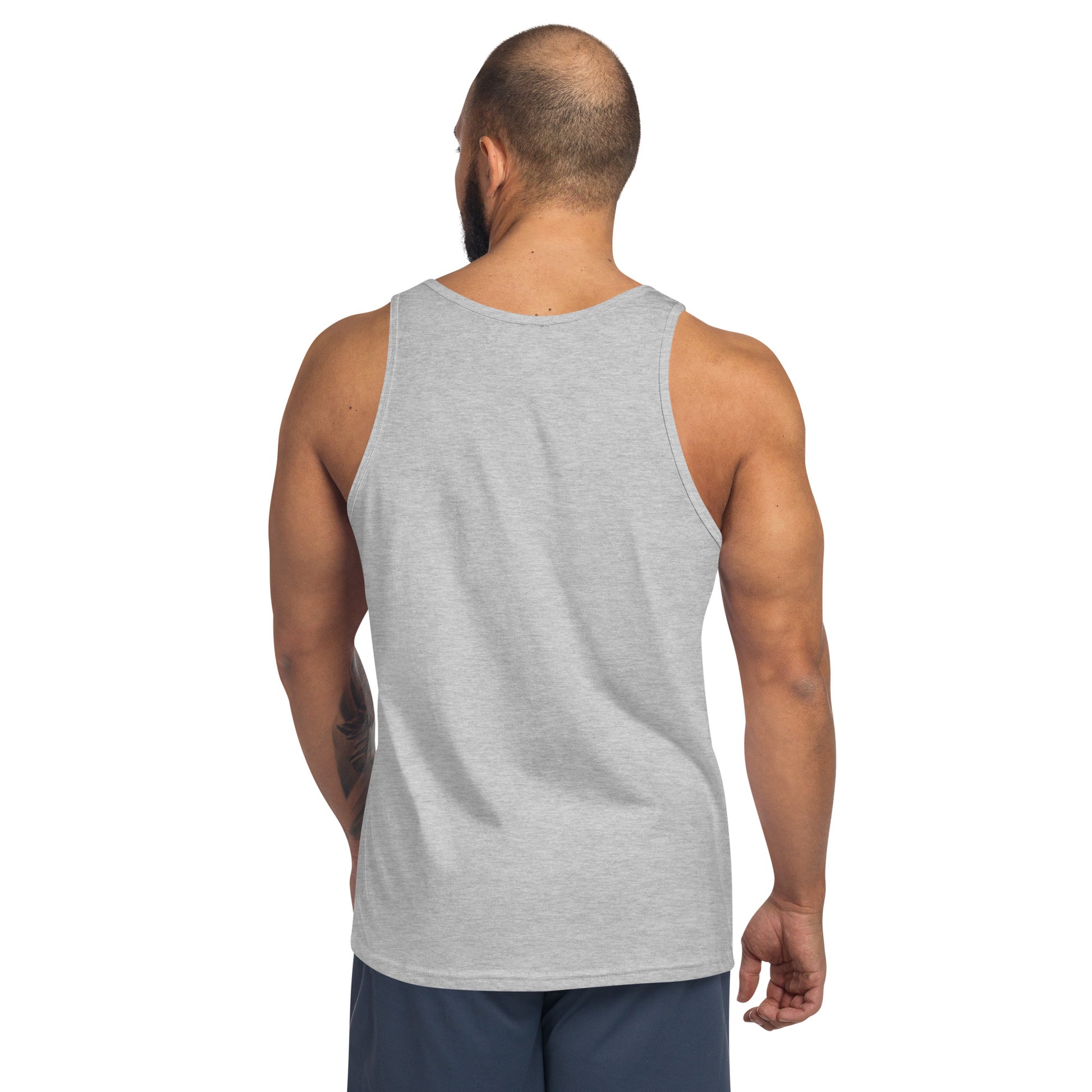 Athletic man wearing gray men's staple tank top, shown from the back on white background