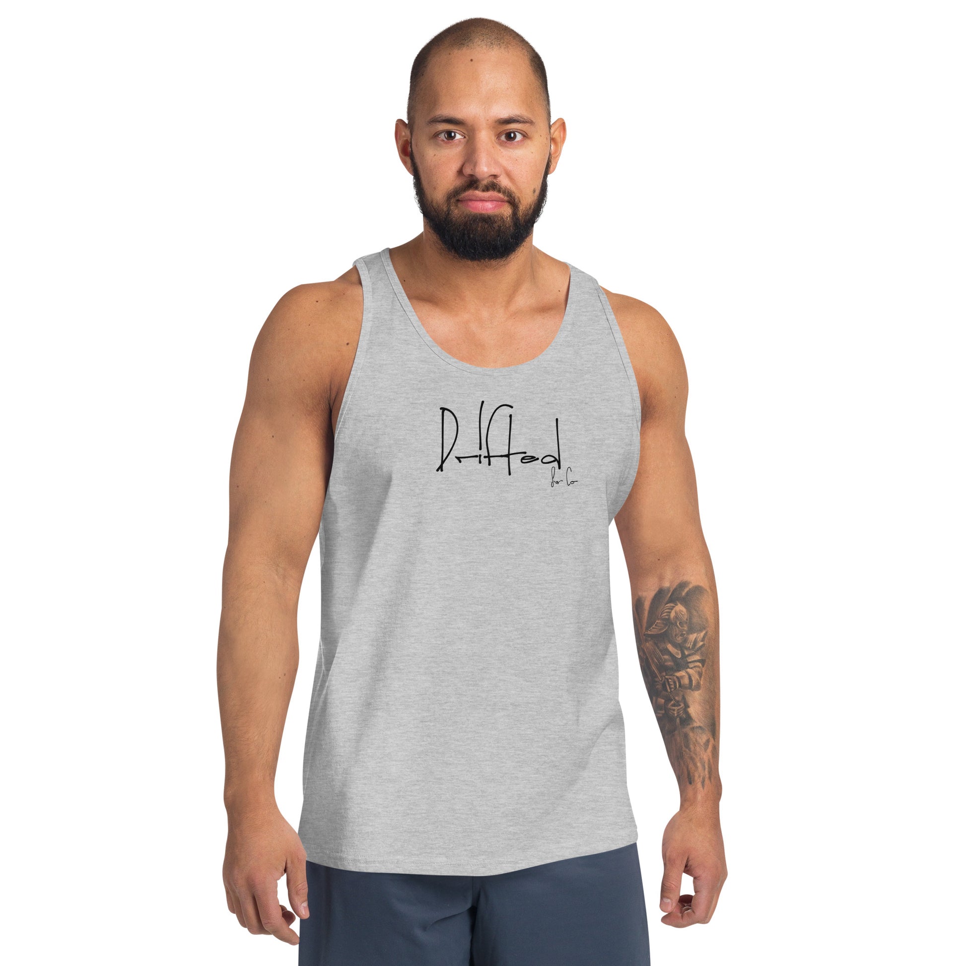 fit man wearing light gray athletic tank top with Drifted logo and tattoo on forearm