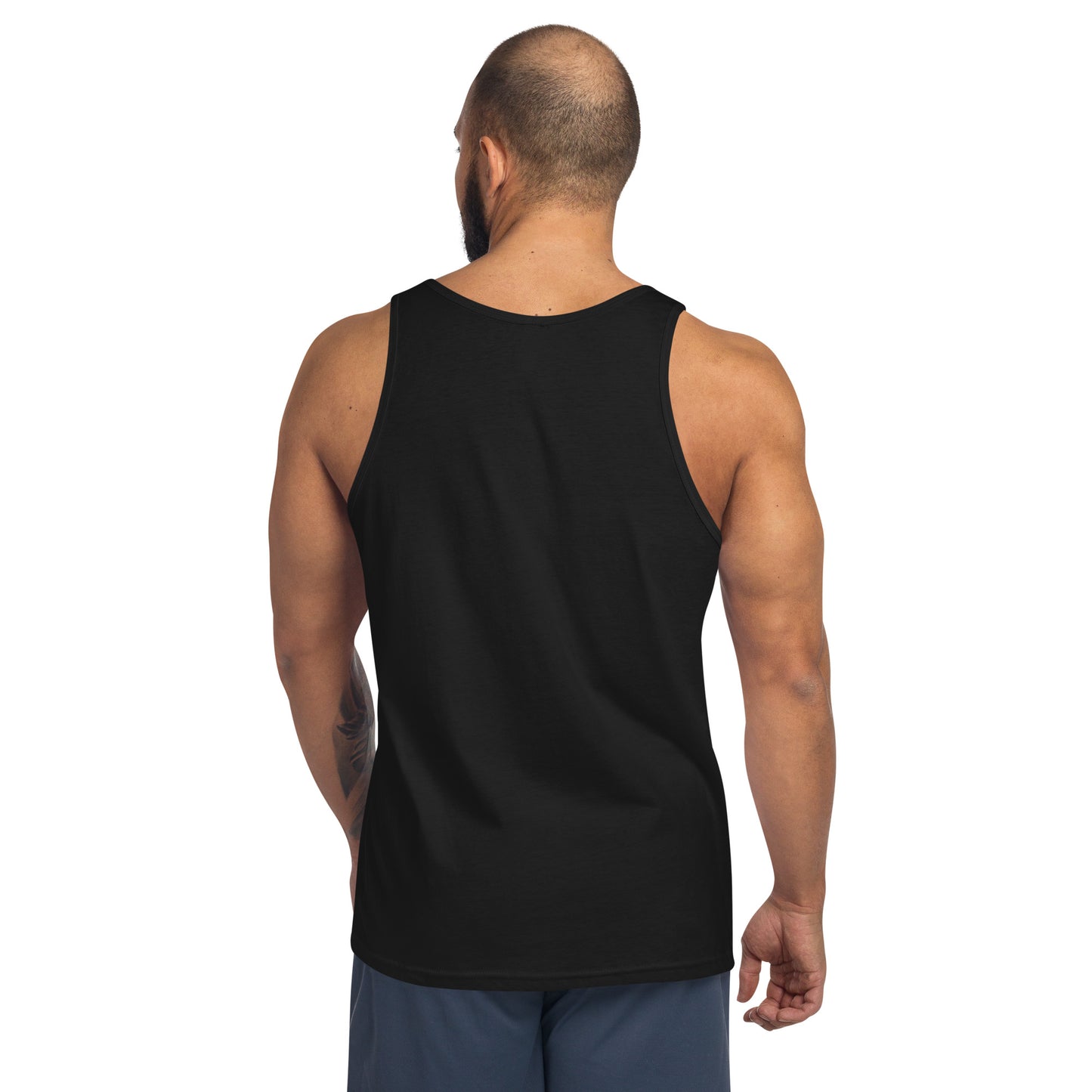 Back view of man wearing black men's staple tank top with blue shorts on white background