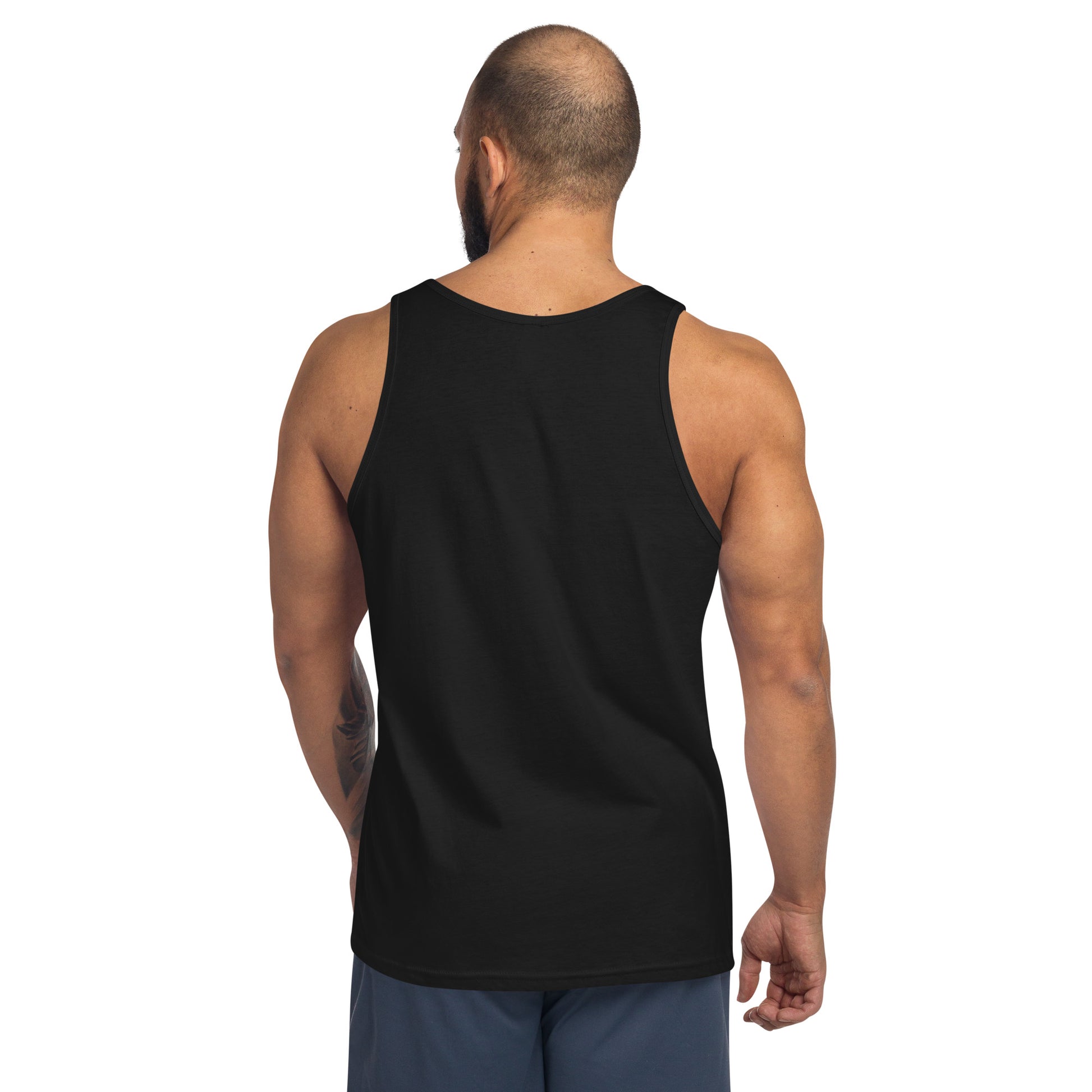 Back view of man wearing black men's staple tank top with blue shorts on white background