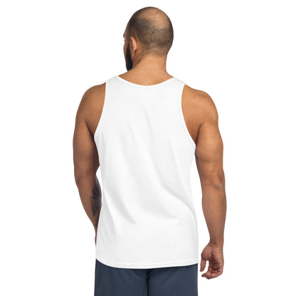 Rear view of man wearing plain white sleeveless tank top and navy shorts on white background