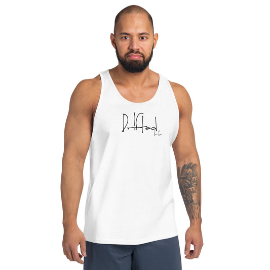 fit man wearing white sleeveless tank top with black Drifted logo and tattoo on arm