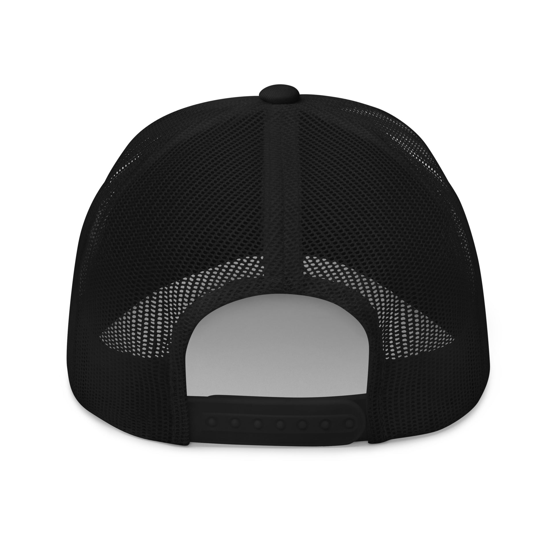 Back view of black retro trucker hat with mesh panels and adjustable snapback closure