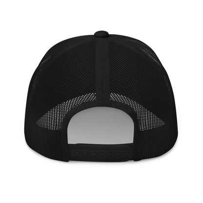 Back view of black retro trucker hat with mesh panels and adjustable snapback closure