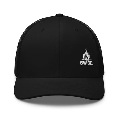 Black retro trucker hat with mesh back and white SW CO. flame logo on front