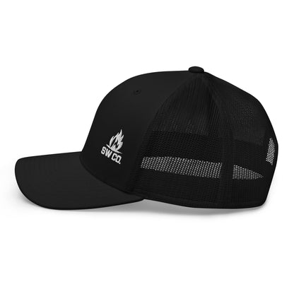 Black retro trucker hat with mesh back and white embroidered SW CO logo on front
