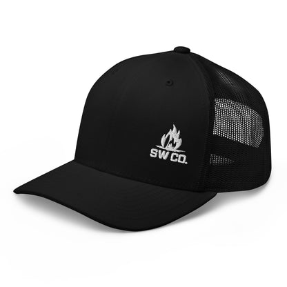 Black retro trucker hat with mesh back and white SW CO. flame logo embroidery