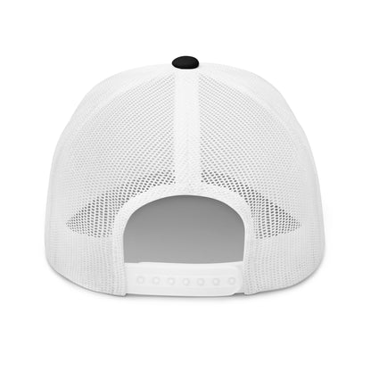 Back view of white retro trucker hat with mesh design and adjustable snap closure