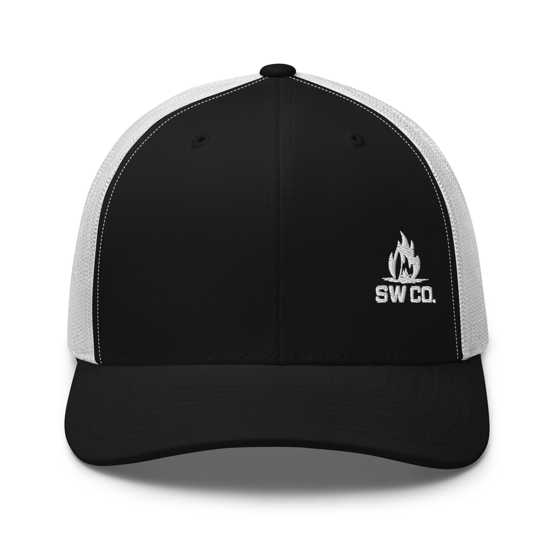 Black and white retro trucker hat with embroidered SW CO. flame logo on front panel