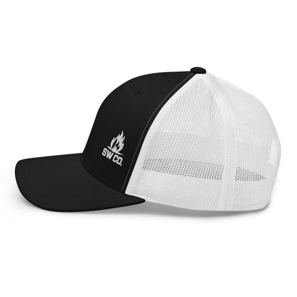 Black and white retro trucker hat with mesh back and embroidered SWC.O. flame logo