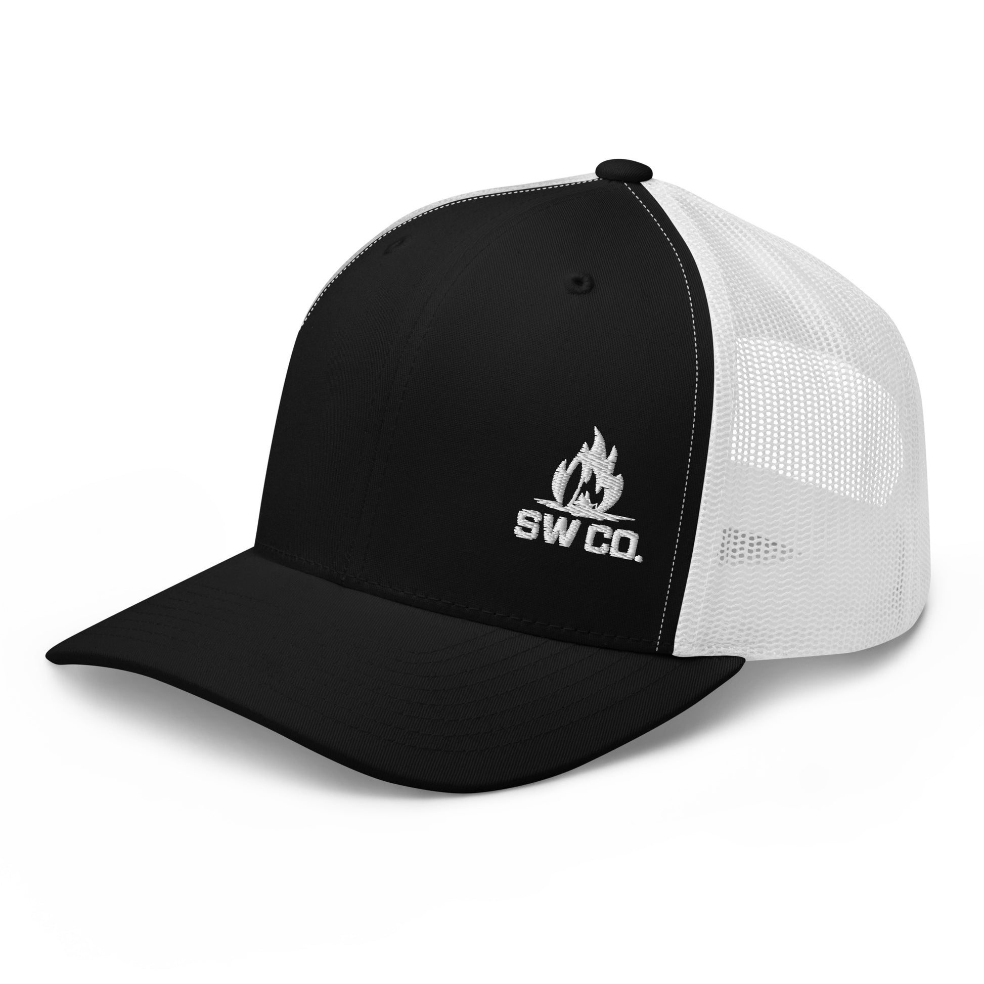 Black and white retro trucker hat with SW CO. logo and flame design on front