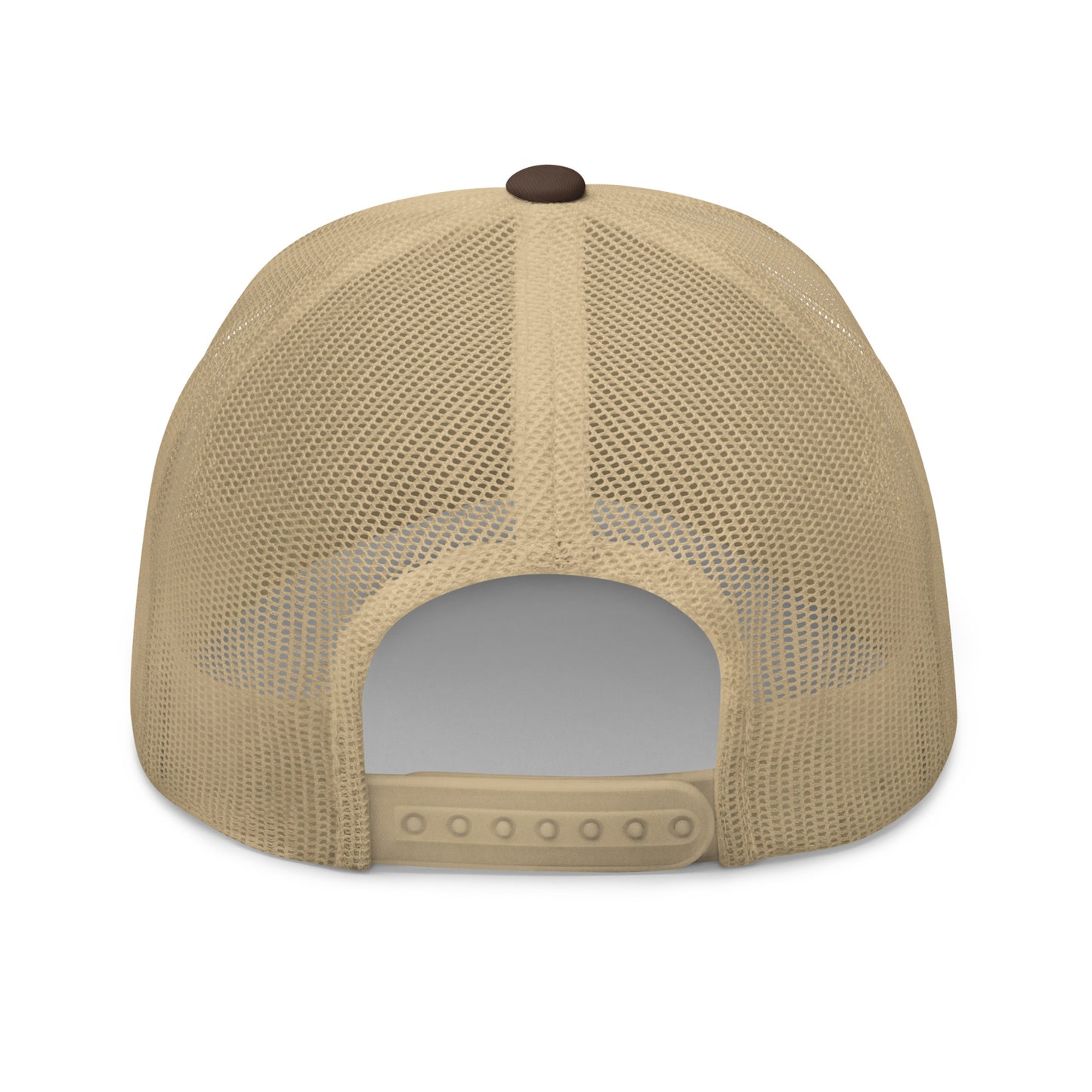 Back view of brown khaki retro trucker hat with mesh panels and adjustable snapback closure