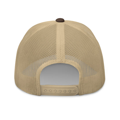 Back view of brown khaki retro trucker hat with mesh panels and adjustable snapback closure