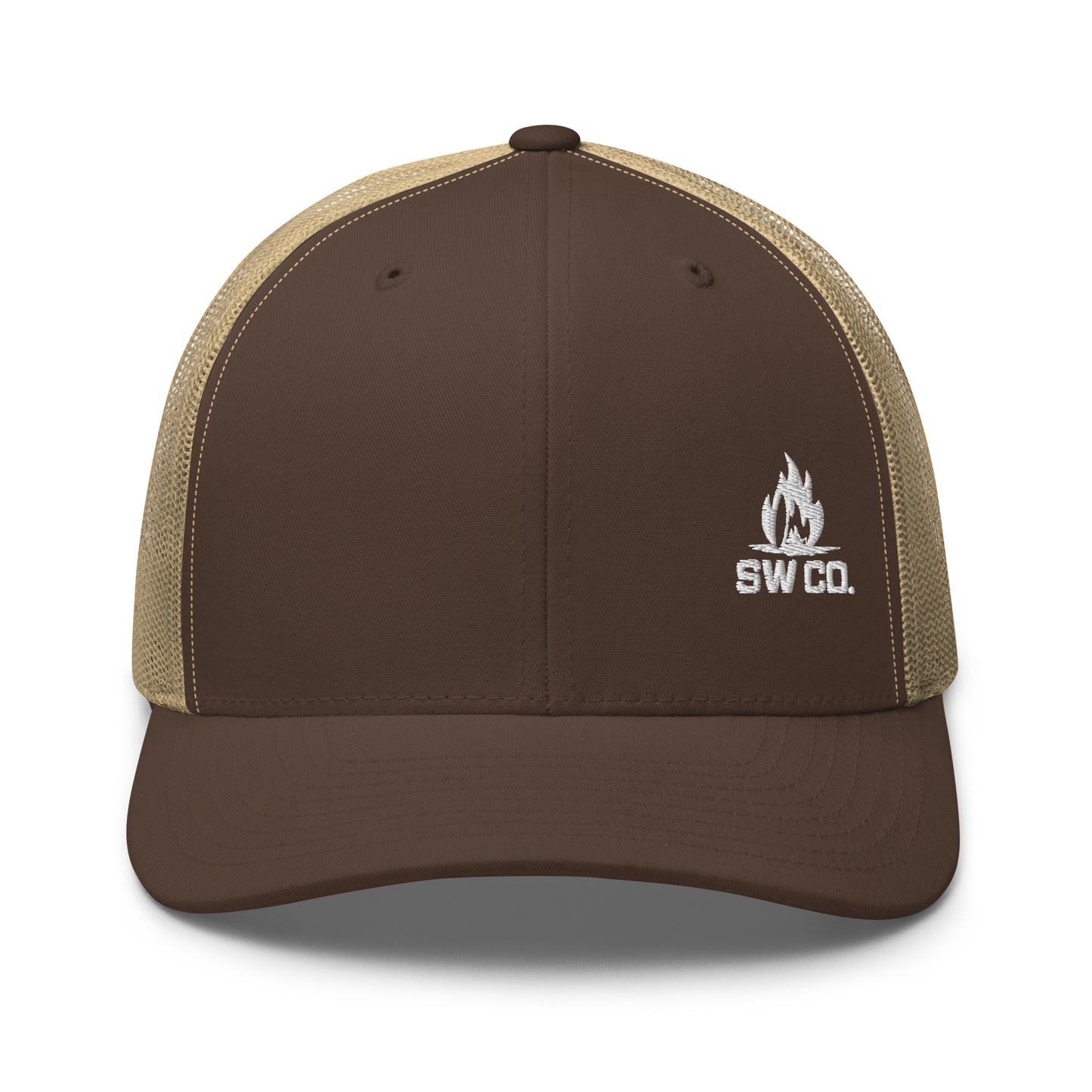 Brown and khaki retro trucker hat with SW Co. flame logo embroidered on front