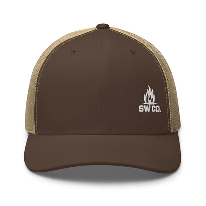 Brown and khaki retro trucker hat with SW Co. flame logo embroidered on front