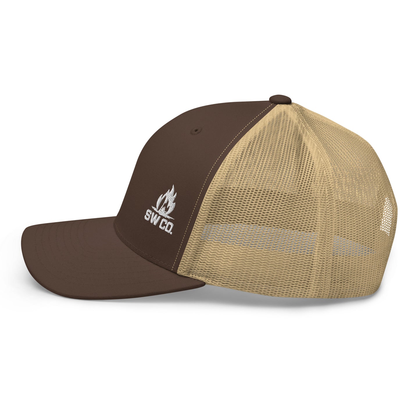 Brown and khaki retro trucker hat with mesh back and white SW CO. flame logo embroidered