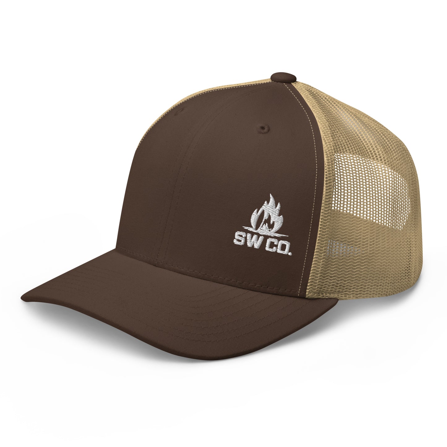 Brown and khaki retro trucker hat with mesh back and white SW CO. flame logo