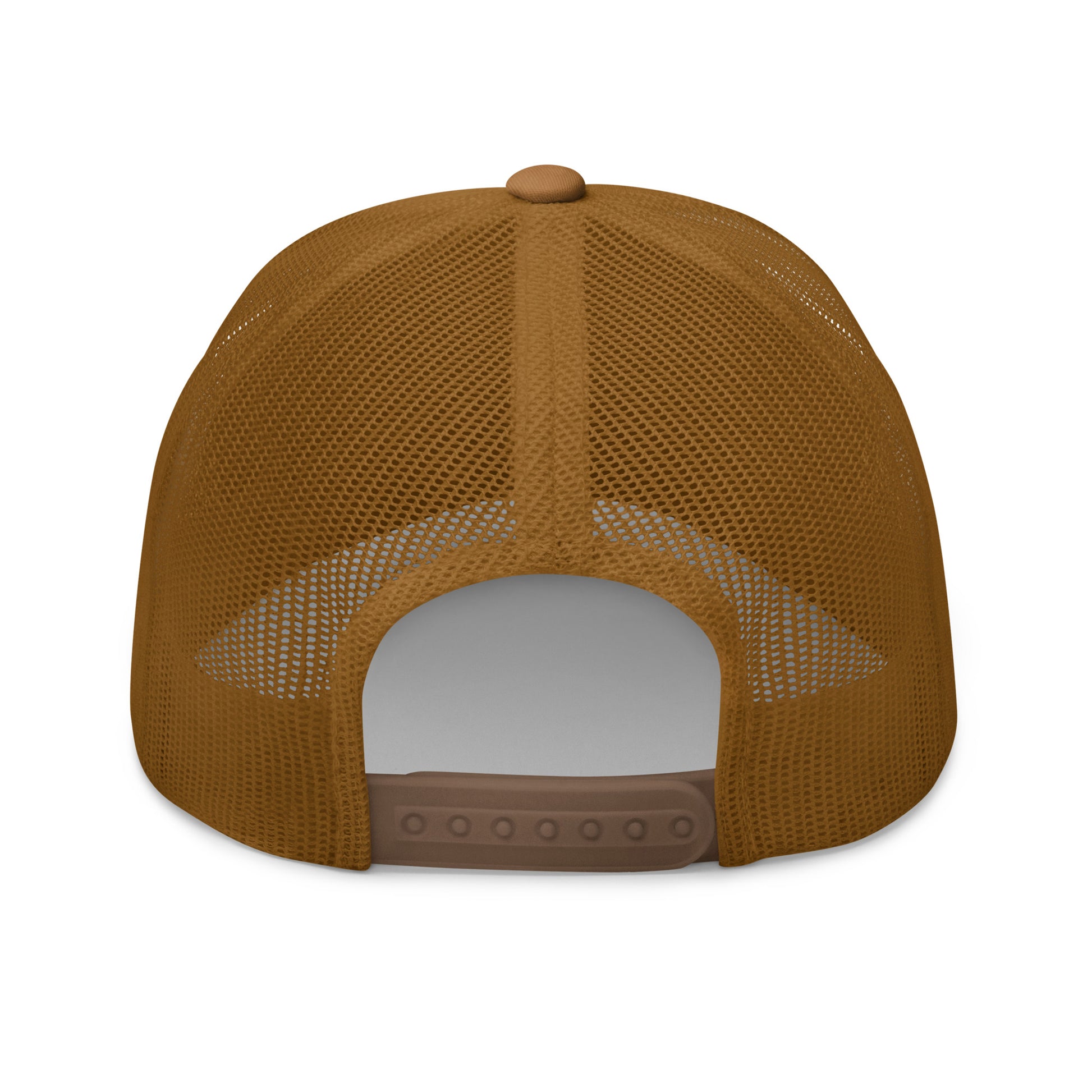 Caramel brown retro trucker hat back view with mesh panels and adjustable snap closure