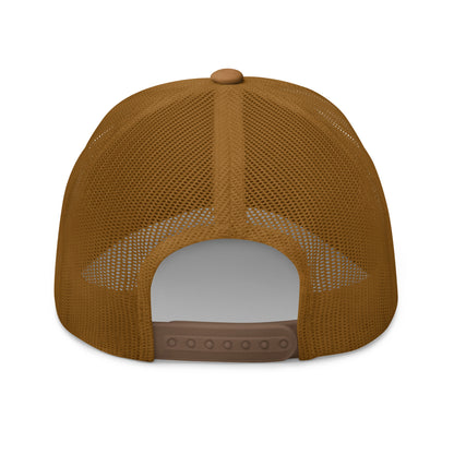Caramel brown retro trucker hat back view with mesh panels and adjustable snap closure