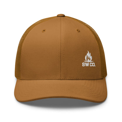 Caramel retro trucker hat with white SW CO logo and mesh back on white background