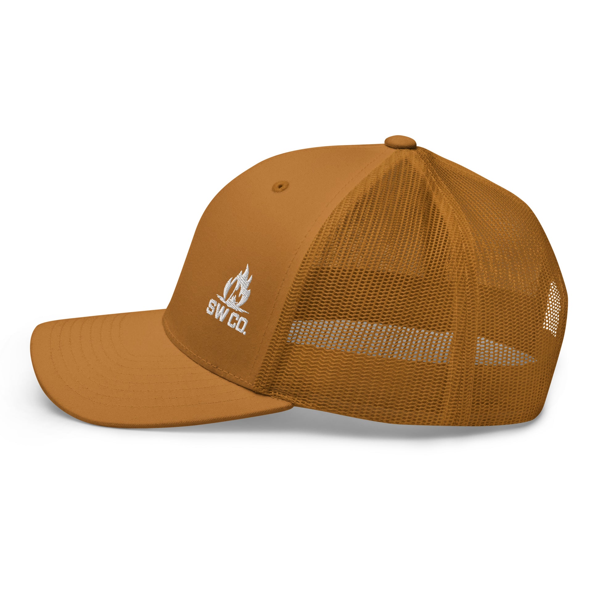 Caramel retro trucker hat with white SW CO flame logo and mesh back