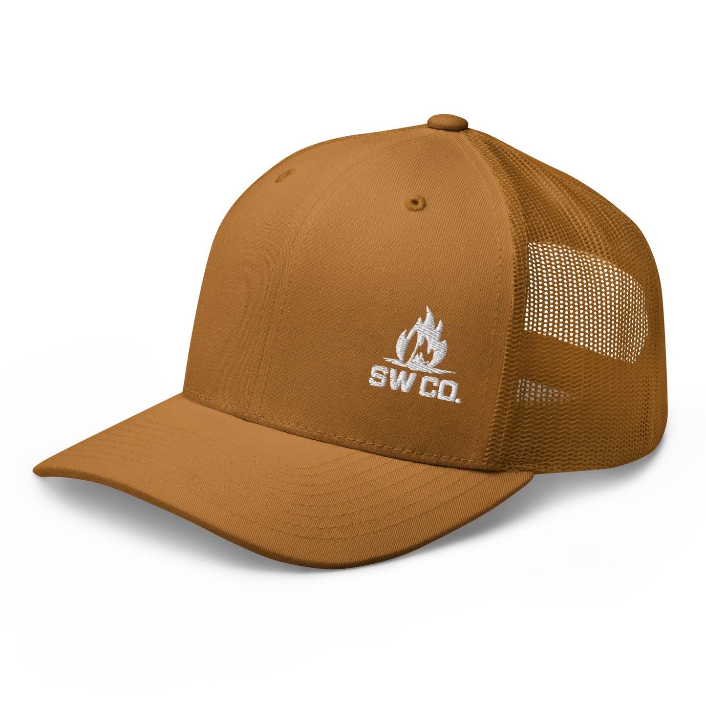 Caramel retro trucker hat with mesh back and white SW Co. flame logo embroidered