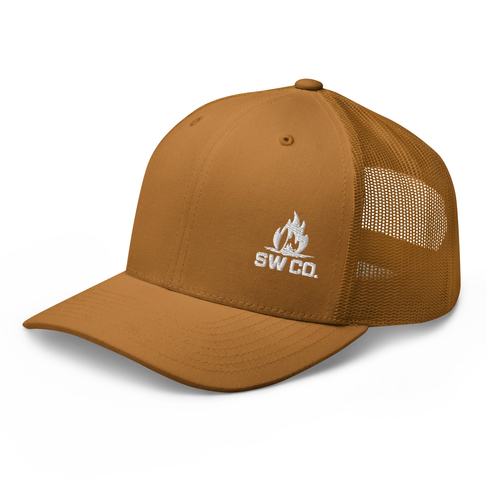 Caramel retro trucker hat with mesh back and white SW Co. flame logo embroidered