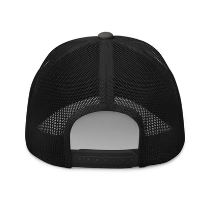 Back view of charcoal black retro mesh trucker hat with adjustable snap closure