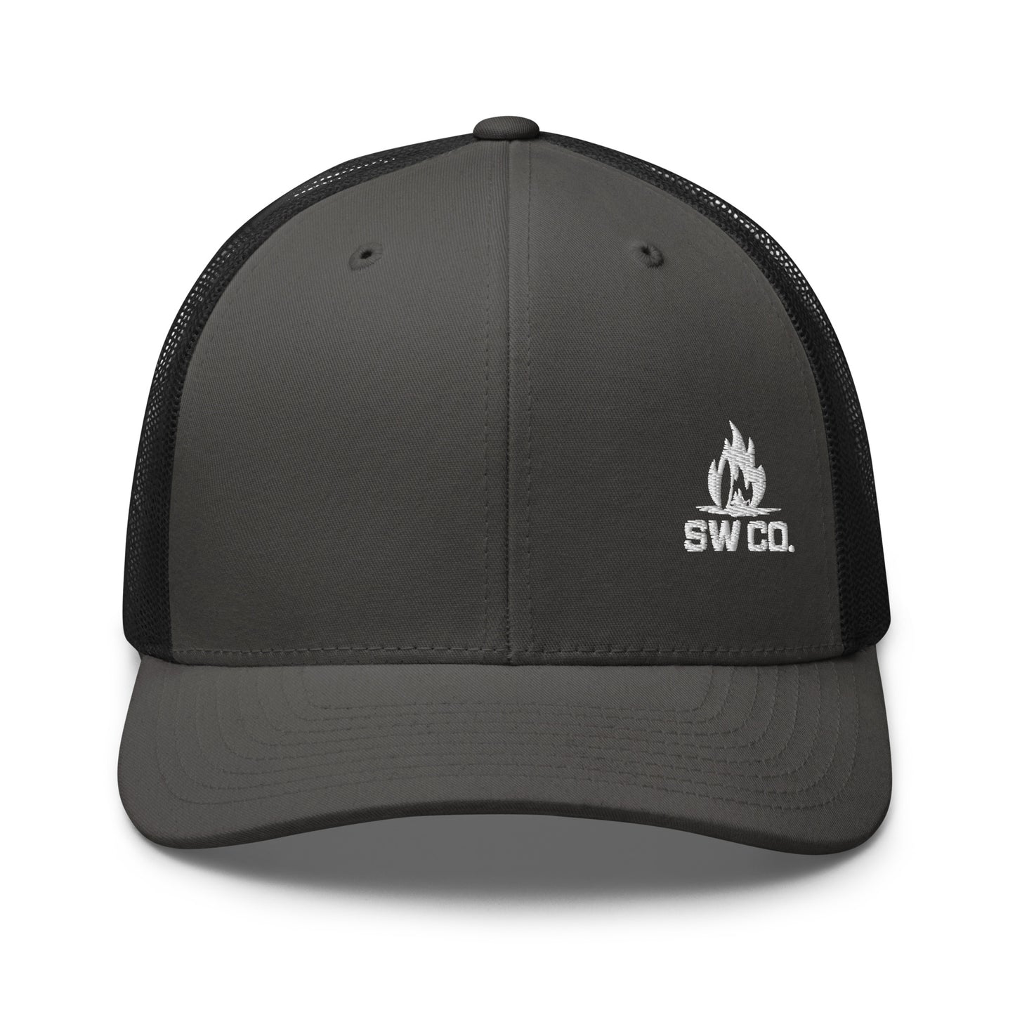 Charcoal black retro trucker hat with black mesh back and white SW CO. flame logo