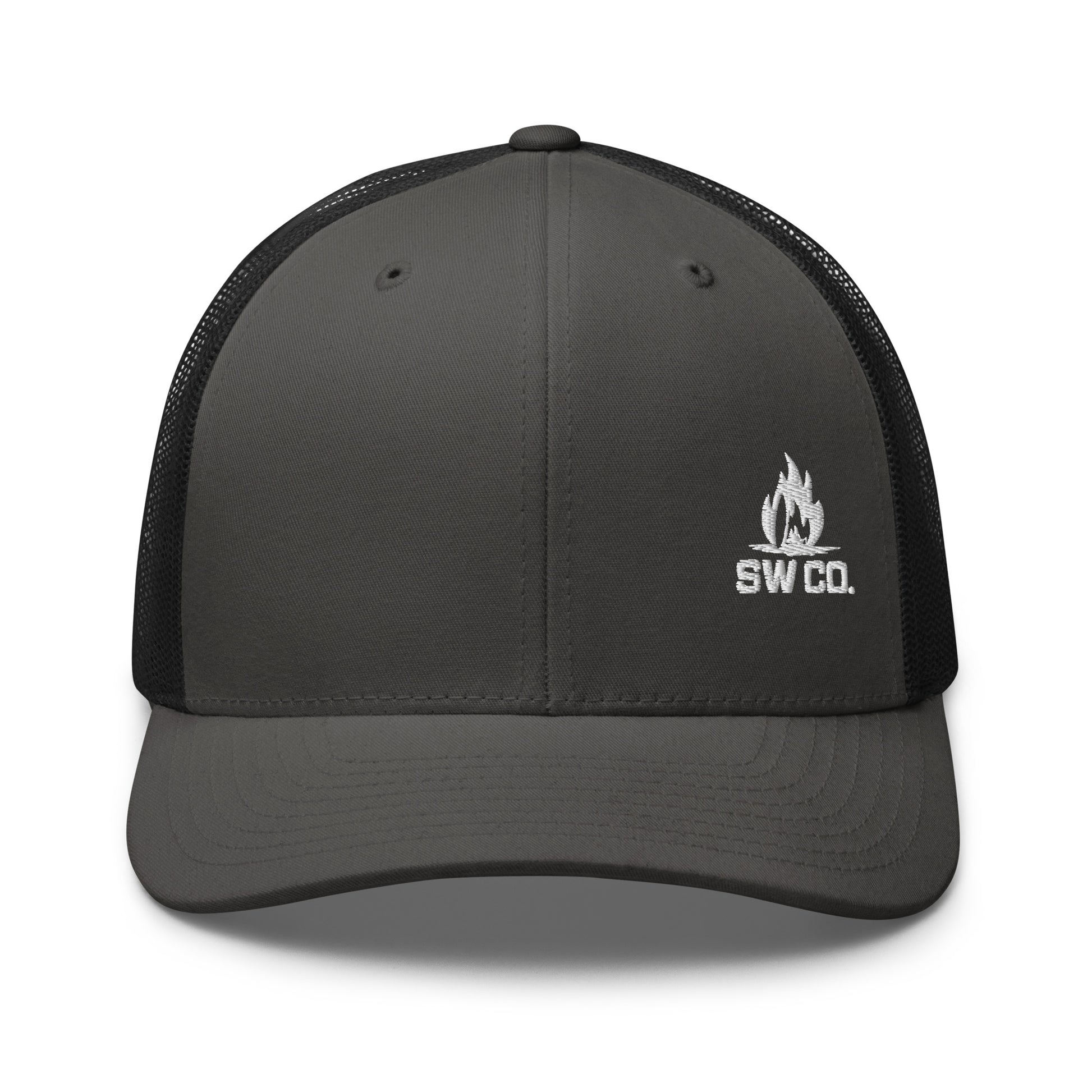 Charcoal black retro trucker hat with black mesh back and white SW CO. flame logo