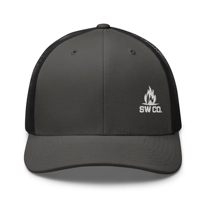 Charcoal black retro trucker hat with black mesh back and white SW CO. flame logo
