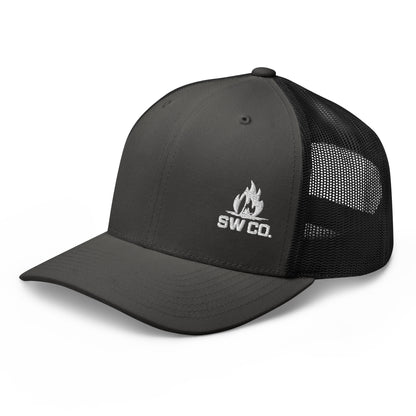 Charcoal black retro trucker hat with mesh back and white SW CO. flame logo embroidered