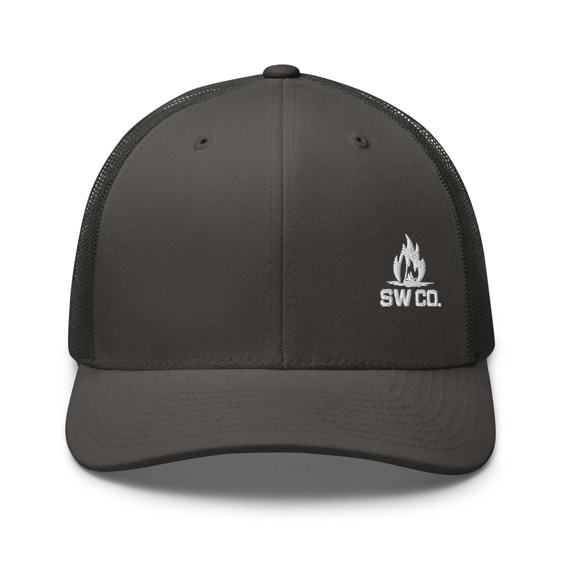 Charcoal retro trucker hat with mesh back and white SW Co. flame logo on front