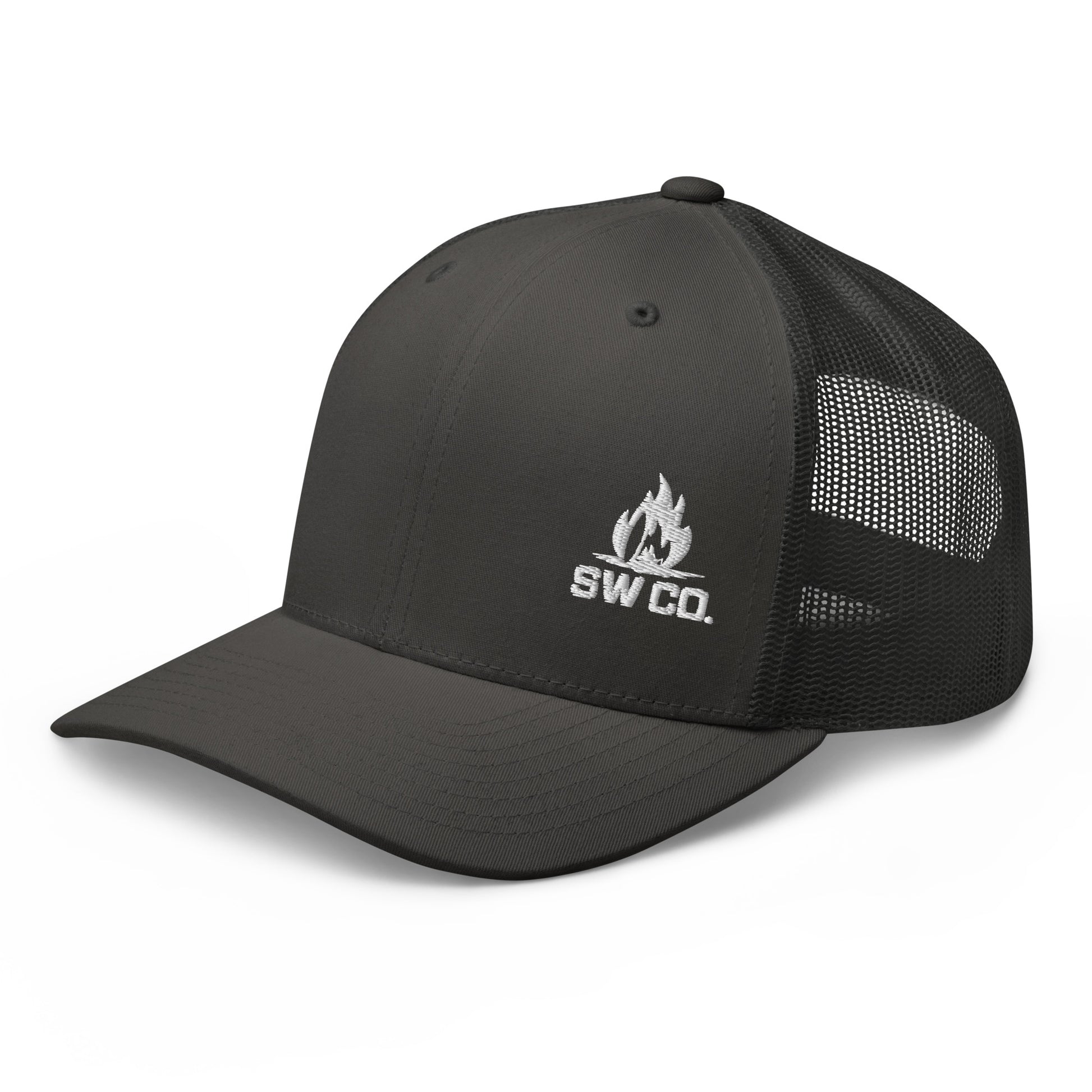 Charcoal retro trucker hat with mesh back and white SW CO. flame logo embroidery