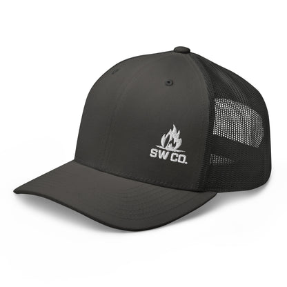 Charcoal retro trucker hat with mesh back and white SW CO. flame logo embroidery