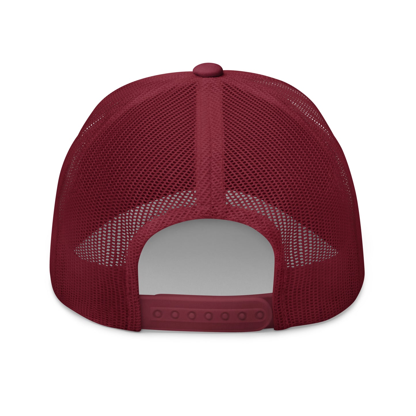 Back view of cranberry red retro trucker hat with mesh panels and adjustable snapback closure