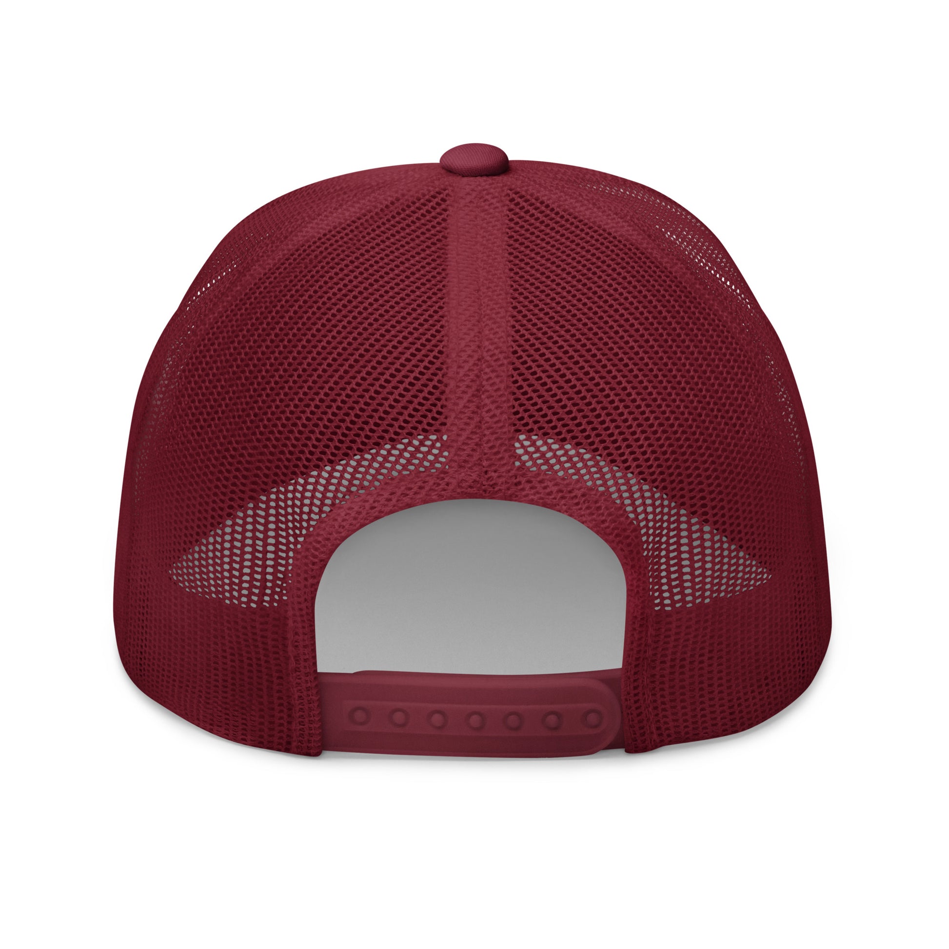 Back view of cranberry red retro trucker hat with mesh panels and adjustable snapback closure